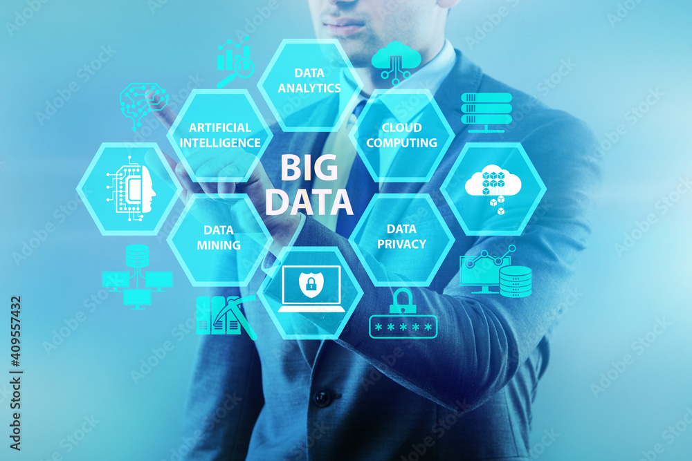 Poster big data concept with businessman pressing virtual button