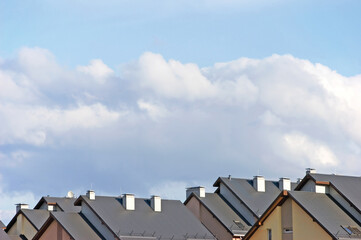 Row house roofs, large detailed panoramic roofscape, condo rowhouse rooftop detail panorama,...