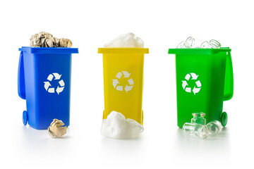 Recycling bins. Yellow, green, blue dustbin for recycle plastic, paper and glass can trash isolated...