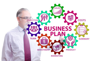 Business plan concept with businessman pressing button