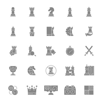 Set of chess gray icon. Board game, king, queen, bishop, pawn, rook, knight and more.