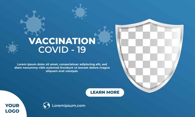 Editable banner template design. Vaccination banner with shield frame photo collage. Modern banner with virus icon. Flat design vector. 
