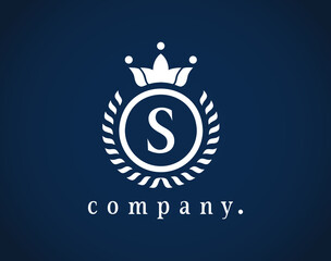 Letter S calligraphic and crown monogram. Laurel elegant beautiful round identity. The vintage emblem for Royalty, Restaurant, Boutique, Hotel, Heraldic, Jewelry, Cafe, Brand name, label. Eps 10.