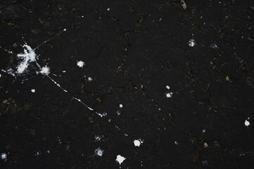 White spatter makes the appearance of constellations on fresh black asphalt. 