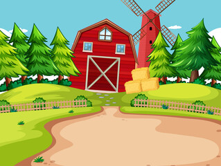 Background scene with red barn and windmill in the farm