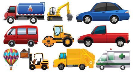 Fototapeta premium Set of different kind of cars and trucks isolated on white background