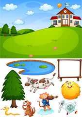 Fototapeta premium School scene with isolated cartoon character and objects