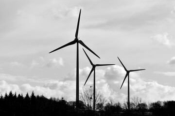 wind turbines farm in black ans white