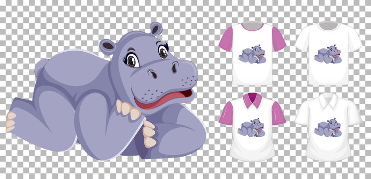 Set of different shirts with hippopotamus cartoon character isolated on transparent background