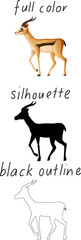 Set of impala in color, silhouette and black outline on white background
