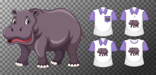 Set of different shirts with hippopotamus cartoon character isolated on transparent background