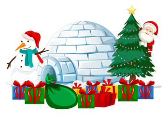 Santa Claus with many gifts and snowman and christmas element on white background