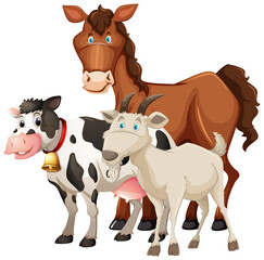 Group of farm  animals horse, cow and sheep isolated on white background