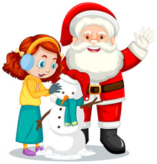 Santa Claus with girl creating a snowman cartoon character