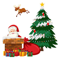 Santa in chimney with many gifts on white background