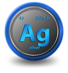Silver chemical element. Chemical symbol with atomic number and atomic mass.