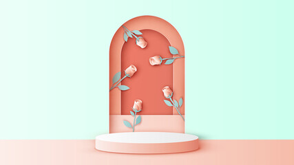 Circle stage podium for Valentine's decorated with Rose and blank space. Valentine's mockup template. paper cut and craft style. vector, illustration.