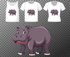 Set of different shirts with hippopotamus cartoon character isolated on transparent background