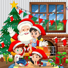 Santa Claus with many kids in room scene