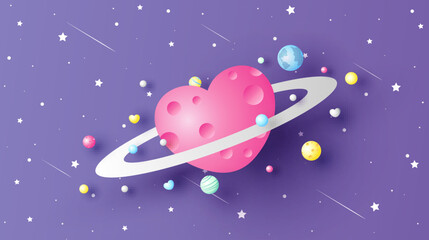 Heart shape planet on cosmic sky. Valentines heart planet. paper cut and craft style. vector, illustration.