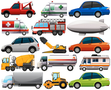Set of different kind of cars and trucks isolated on white background