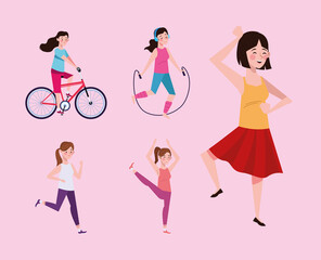 girls practicing exercises characters healthy lifestyle