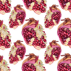 Seamless pattern watercolor red pomegranate with seeds isolated on white background. Art creative garnet object for menu, textile, card, sticker, wallpaper, wrapping