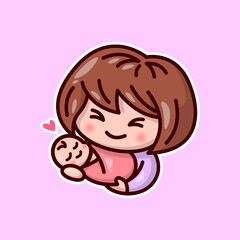 CUTE CHARACTERS MOM CARRYING HER BABY WITH HAPPY SMILING FACE. VALENTINE'S DAY ILLUSTRATION.