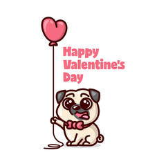 CUTE PUG PUPPY SMILING AND HOLD A HEART BALLOON.  VALENTINE'S DAY ILLUSTRATION