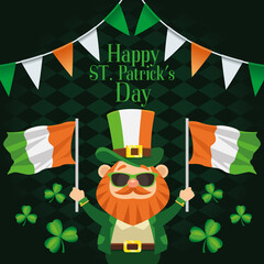 happy saint patricks day lettering poster with leprechaun lifting ireland flags