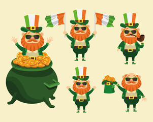 happy saint patricks day poster with bundle of five leprechaun characters