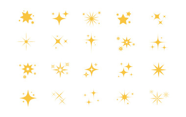 set of yellow sparkles stars isolated on white background. Decoration twinkle, shiny, light effect. Vector illustration
