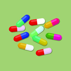 Set of medical capsule pills, drugs, created in different collors. Background for pharmacy shop or drugstore. Element of vector design for medical or pharmaceutics concept