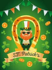 happy saint patricks day lettering poster with leprechaun in golden horseshoe