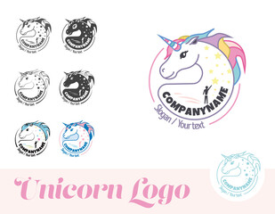 Unicorn logo set in different variations, in cartoon style colourful. Will be good for paediatric center