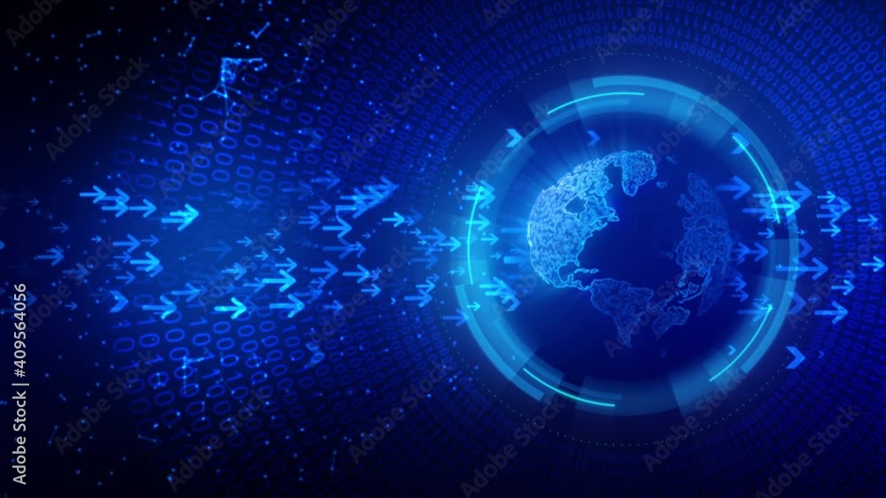 Poster spinning cyber globe sphere with the arrow and random binary numeric 0 1 for data networking technol