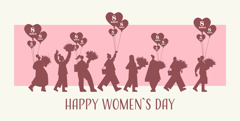 women silhouettes holding bouquets and air balloons womens day 8 march holiday celebration concept full length horizontal vector illustration