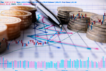 Analysis on digital stock market financial background. Stock market financial analysis on virtual screen led with cityscape double exposure