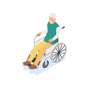 Grandpa Is Sitting In A Wheelchair. Elderly Man Isolated On White Background.