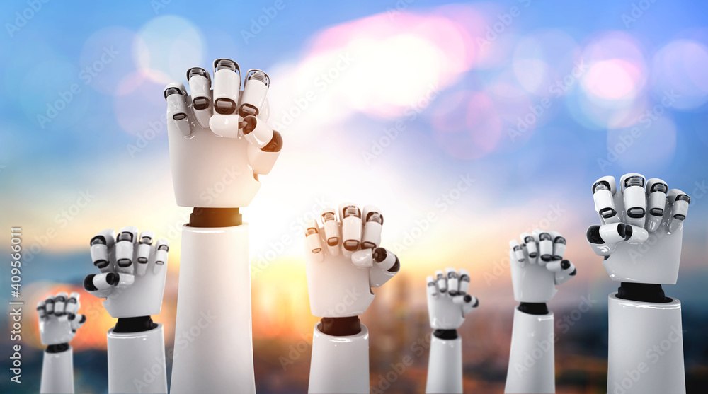 Poster robot humanoid hands up to celebrate success achieved by using ai artificial intelligence thinking a