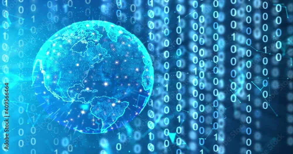 Poster spinning cyber globe sphere with the random binary numeric 0 1 for data networking technology and fu