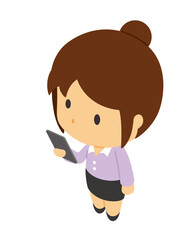 スマホを持った女性のアイソメトリックイラスト
