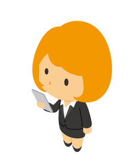 スマホを持った女性のアイソメトリックイラスト
