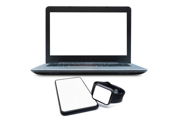Laptop computer, smart phone and smart watch on white isolated background.