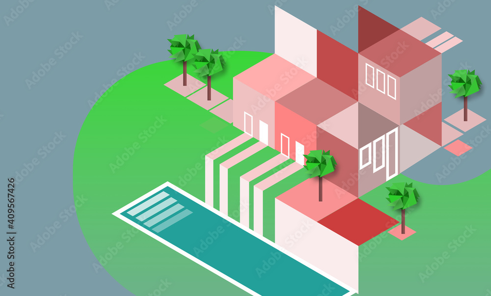 Poster construction of futuristic buildings. abstract house with a swimming pool. architectural project. th
