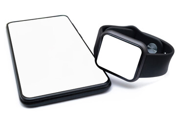 Smart phone and smart watch on white isolated background.