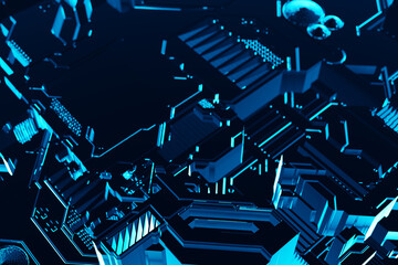 3d illustration of a realistic model of a robot or blue cyber armor. Close-up equipment for mining...