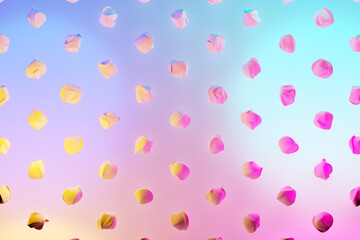 3d illustration of rows of  unusual flying figures under a blue-pink neon color .  Shape pattern. Technology geometry  background