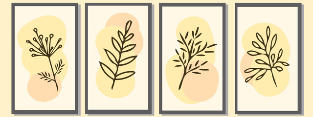 Fototapeta na wymiar line art leaves minimalism. set of templates for posters, cards, interior decor. sketch hand drawn doodle style. autumn colors.