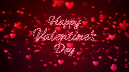 Valentine's day abstract background, flying red hearts with lettering and particles valentines concept, 3d rendering